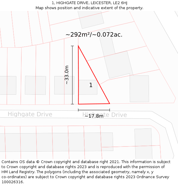 1, HIGHGATE DRIVE, LEICESTER, LE2 6HJ: Plot and title map