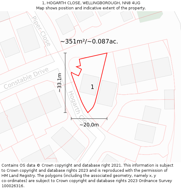 1, HOGARTH CLOSE, WELLINGBOROUGH, NN8 4UG: Plot and title map