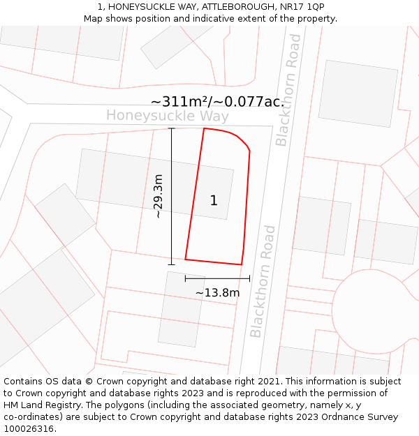 1, HONEYSUCKLE WAY, ATTLEBOROUGH, NR17 1QP: Plot and title map