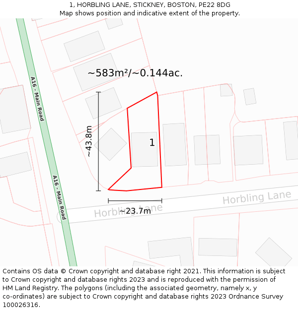 1, HORBLING LANE, STICKNEY, BOSTON, PE22 8DG: Plot and title map