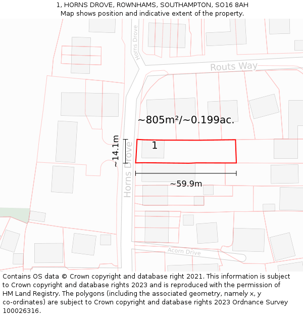 1, HORNS DROVE, ROWNHAMS, SOUTHAMPTON, SO16 8AH: Plot and title map