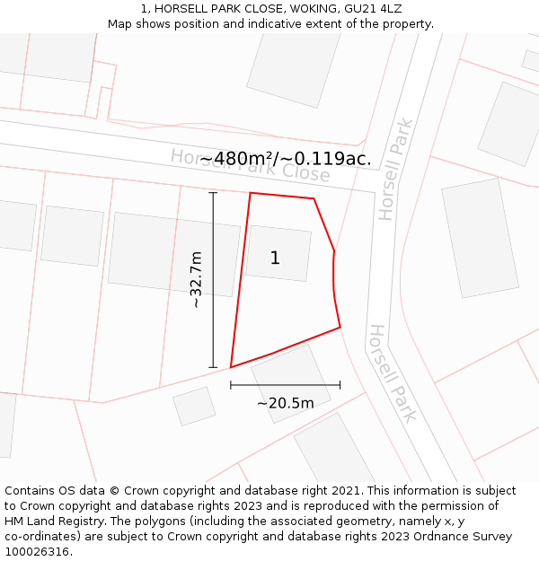 1, HORSELL PARK CLOSE, WOKING, GU21 4LZ: Plot and title map