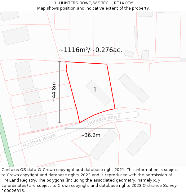 1, HUNTERS ROWE, WISBECH, PE14 0DY: Plot and title map
