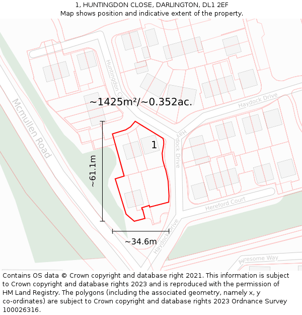 1, HUNTINGDON CLOSE, DARLINGTON, DL1 2EF: Plot and title map