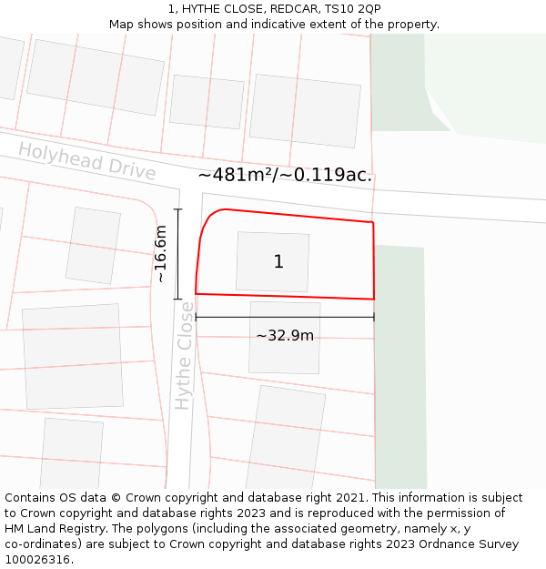 1, HYTHE CLOSE, REDCAR, TS10 2QP: Plot and title map