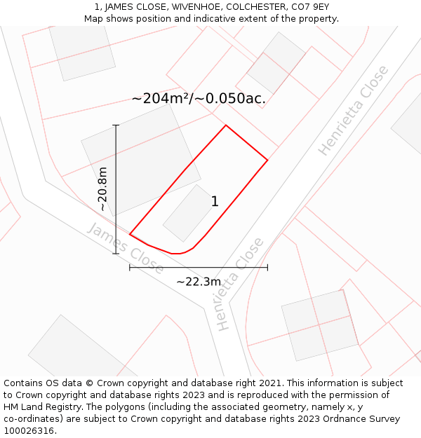 1, JAMES CLOSE, WIVENHOE, COLCHESTER, CO7 9EY: Plot and title map