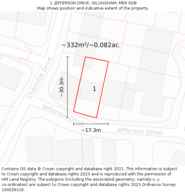 1, JEFFERSON DRIVE, GILLINGHAM, ME8 0DB: Plot and title map