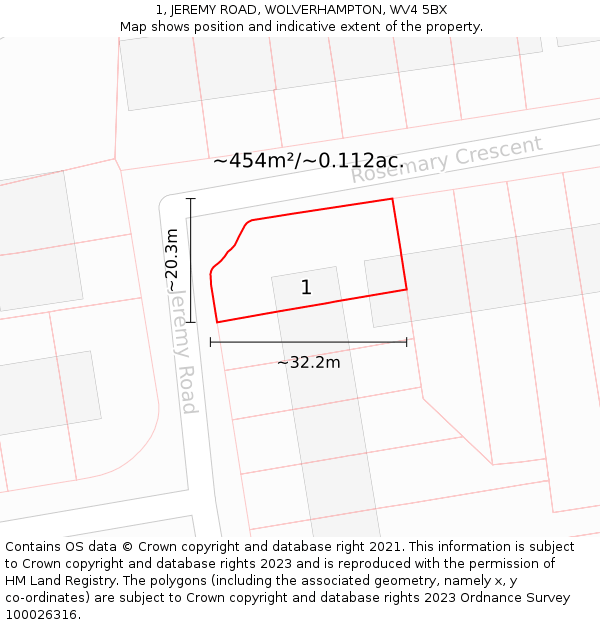 1, JEREMY ROAD, WOLVERHAMPTON, WV4 5BX: Plot and title map