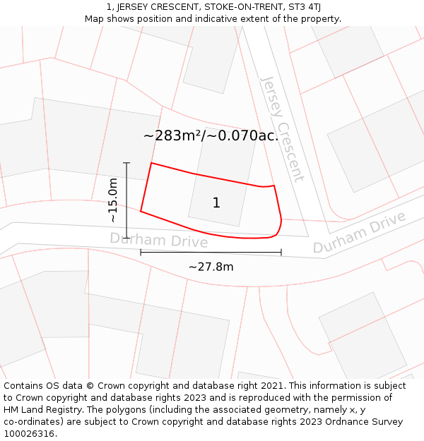 1, JERSEY CRESCENT, STOKE-ON-TRENT, ST3 4TJ: Plot and title map