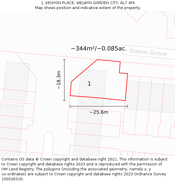 1, KENYON PLACE, WELWYN GARDEN CITY, AL7 4FA: Plot and title map