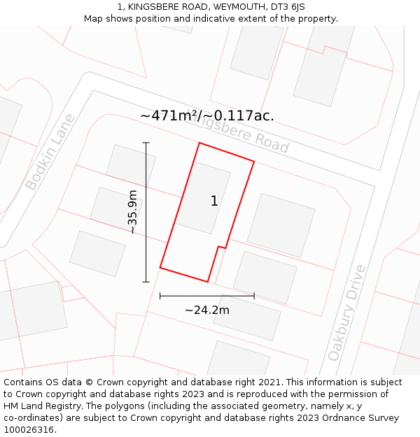 1, KINGSBERE ROAD, WEYMOUTH, DT3 6JS: Plot and title map