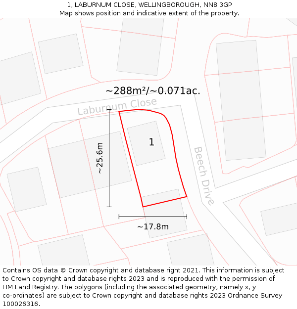 1, LABURNUM CLOSE, WELLINGBOROUGH, NN8 3GP: Plot and title map