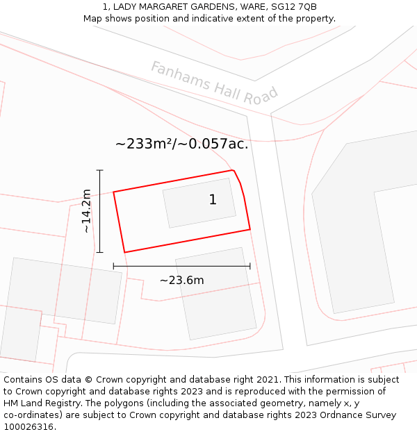 1, LADY MARGARET GARDENS, WARE, SG12 7QB: Plot and title map