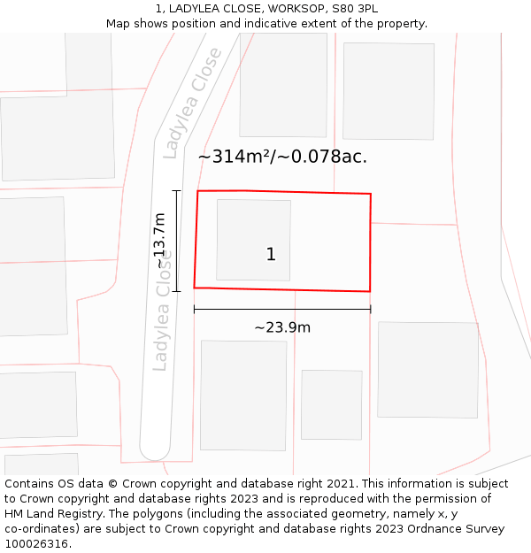 1, LADYLEA CLOSE, WORKSOP, S80 3PL: Plot and title map