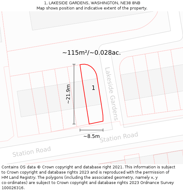 1, LAKESIDE GARDENS, WASHINGTON, NE38 8NB: Plot and title map