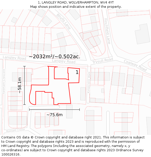 1, LANGLEY ROAD, WOLVERHAMPTON, WV4 4YT: Plot and title map