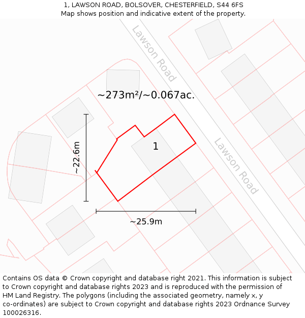 1, LAWSON ROAD, BOLSOVER, CHESTERFIELD, S44 6FS: Plot and title map