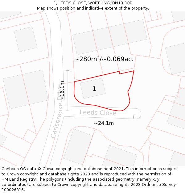 1, LEEDS CLOSE, WORTHING, BN13 3QP: Plot and title map