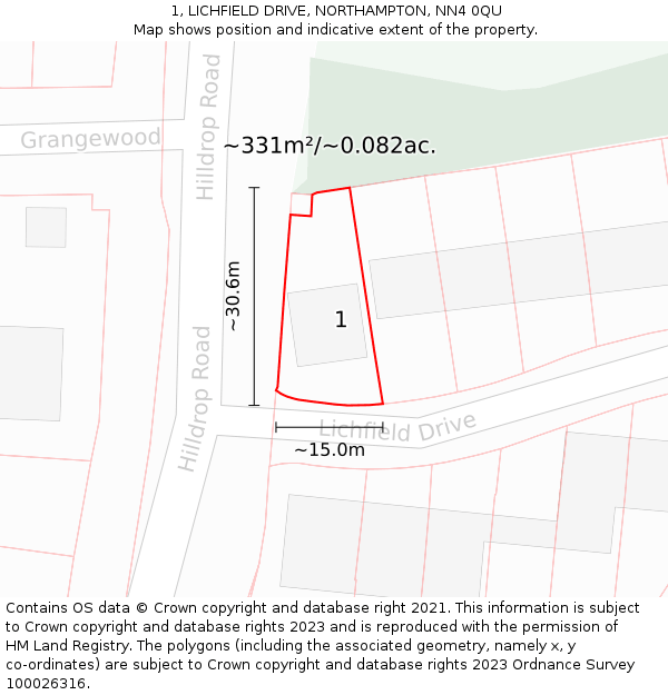 1, LICHFIELD DRIVE, NORTHAMPTON, NN4 0QU: Plot and title map