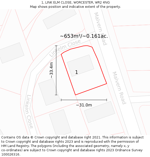 1, LINK ELM CLOSE, WORCESTER, WR2 4NG: Plot and title map