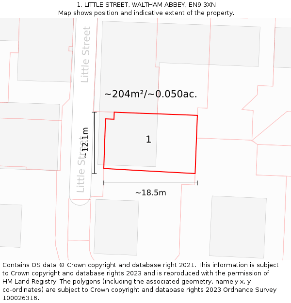 1, LITTLE STREET, WALTHAM ABBEY, EN9 3XN: Plot and title map