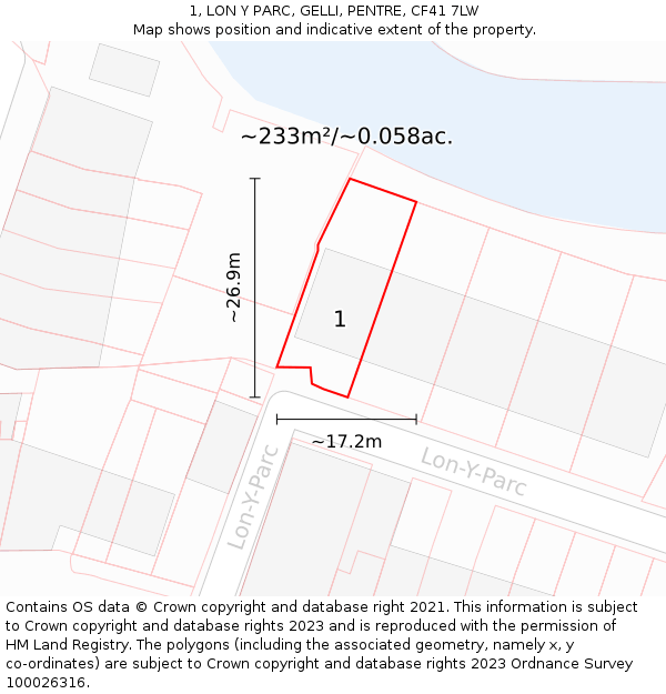 1, LON Y PARC, GELLI, PENTRE, CF41 7LW: Plot and title map