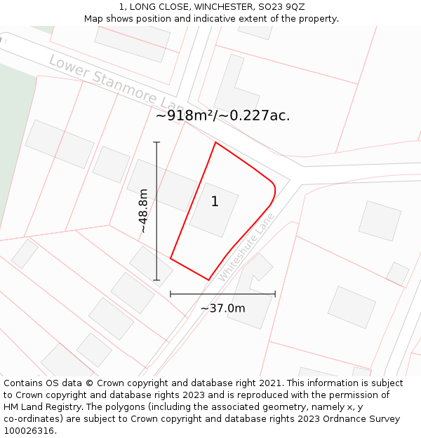 1, LONG CLOSE, WINCHESTER, SO23 9QZ: Plot and title map