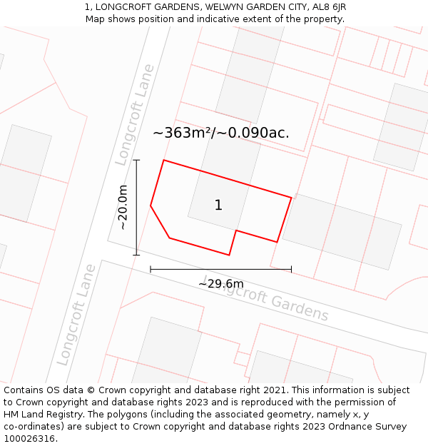 1, LONGCROFT GARDENS, WELWYN GARDEN CITY, AL8 6JR: Plot and title map