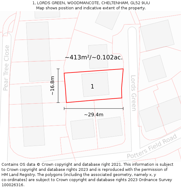 1, LORDS GREEN, WOODMANCOTE, CHELTENHAM, GL52 9UU: Plot and title map