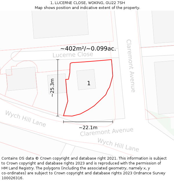 1, LUCERNE CLOSE, WOKING, GU22 7SH: Plot and title map