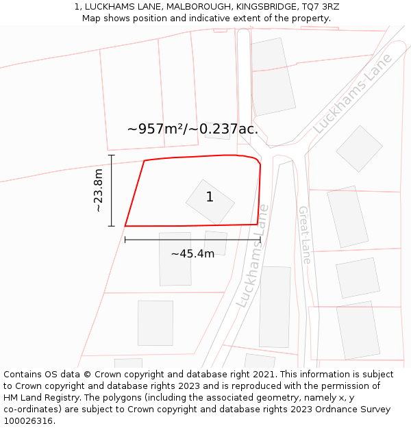 1, LUCKHAMS LANE, MALBOROUGH, KINGSBRIDGE, TQ7 3RZ: Plot and title map