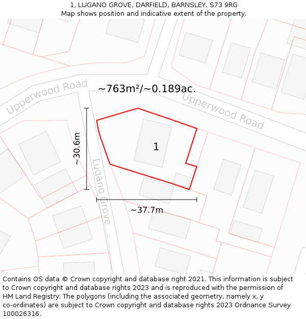 1, LUGANO GROVE, DARFIELD, BARNSLEY, S73 9RG: Plot and title map