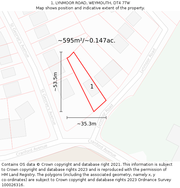 1, LYNMOOR ROAD, WEYMOUTH, DT4 7TW: Plot and title map