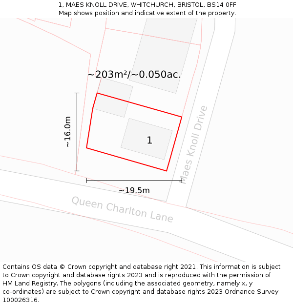 1, MAES KNOLL DRIVE, WHITCHURCH, BRISTOL, BS14 0FF: Plot and title map