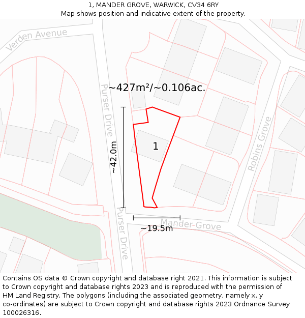 1, MANDER GROVE, WARWICK, CV34 6RY: Plot and title map