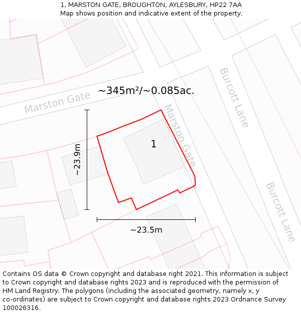 1, MARSTON GATE, BROUGHTON, AYLESBURY, HP22 7AA: Plot and title map