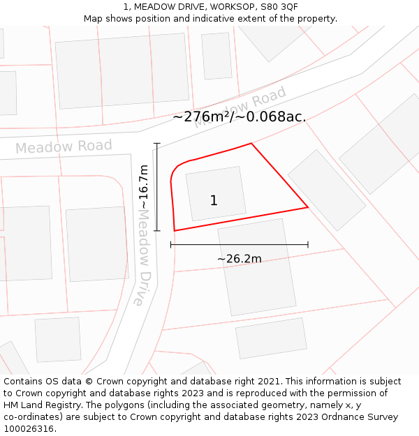 1, MEADOW DRIVE, WORKSOP, S80 3QF: Plot and title map