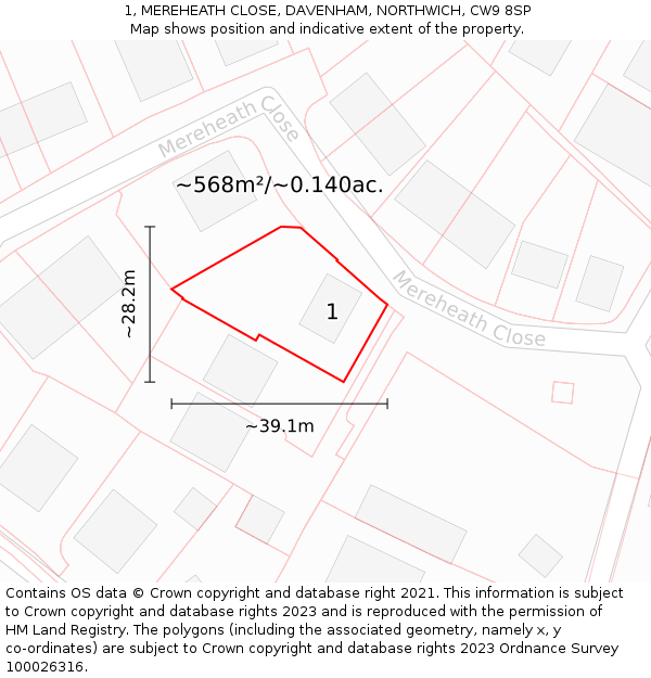 1, MEREHEATH CLOSE, DAVENHAM, NORTHWICH, CW9 8SP: Plot and title map