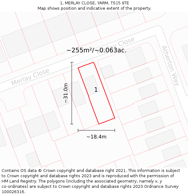 1, MERLAY CLOSE, YARM, TS15 9TE: Plot and title map