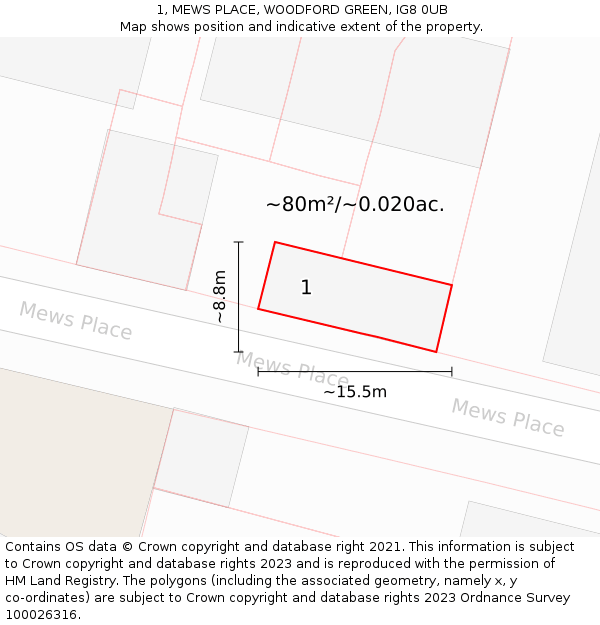 1, MEWS PLACE, WOODFORD GREEN, IG8 0UB: Plot and title map