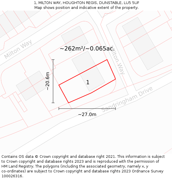 1, MILTON WAY, HOUGHTON REGIS, DUNSTABLE, LU5 5UF: Plot and title map