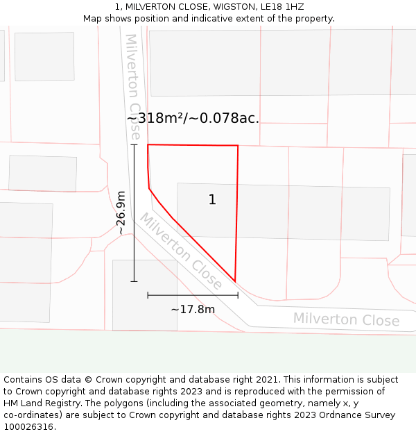 1, MILVERTON CLOSE, WIGSTON, LE18 1HZ: Plot and title map