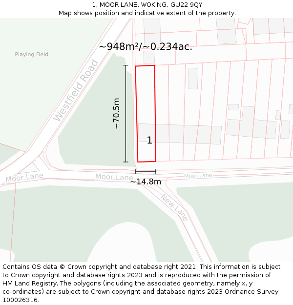 1, MOOR LANE, WOKING, GU22 9QY: Plot and title map