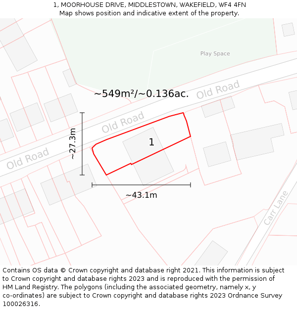 1, MOORHOUSE DRIVE, MIDDLESTOWN, WAKEFIELD, WF4 4FN: Plot and title map