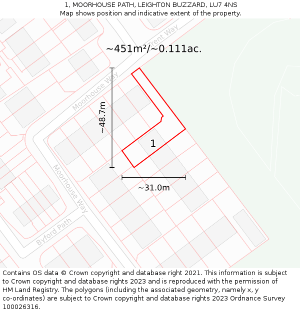 1, MOORHOUSE PATH, LEIGHTON BUZZARD, LU7 4NS: Plot and title map