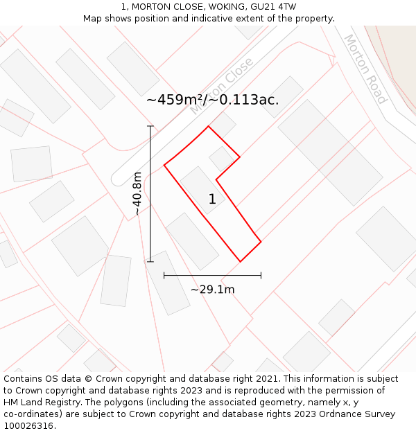 1, MORTON CLOSE, WOKING, GU21 4TW: Plot and title map