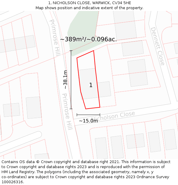 1, NICHOLSON CLOSE, WARWICK, CV34 5HE: Plot and title map