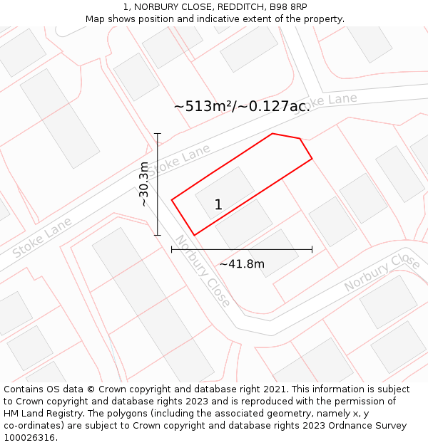 1, NORBURY CLOSE, REDDITCH, B98 8RP: Plot and title map