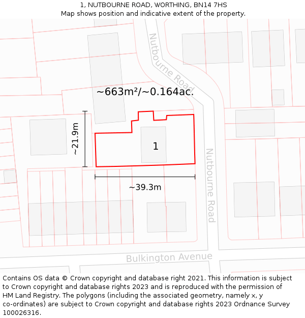 1, NUTBOURNE ROAD, WORTHING, BN14 7HS: Plot and title map