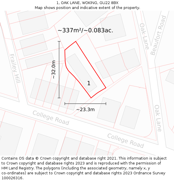 1, OAK LANE, WOKING, GU22 8BX: Plot and title map